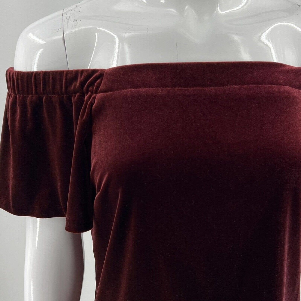 White House Black Market Off Shoulder Velour Top Sz XS Maroon Red Ruffle Sleeve - Picture 2 of 7